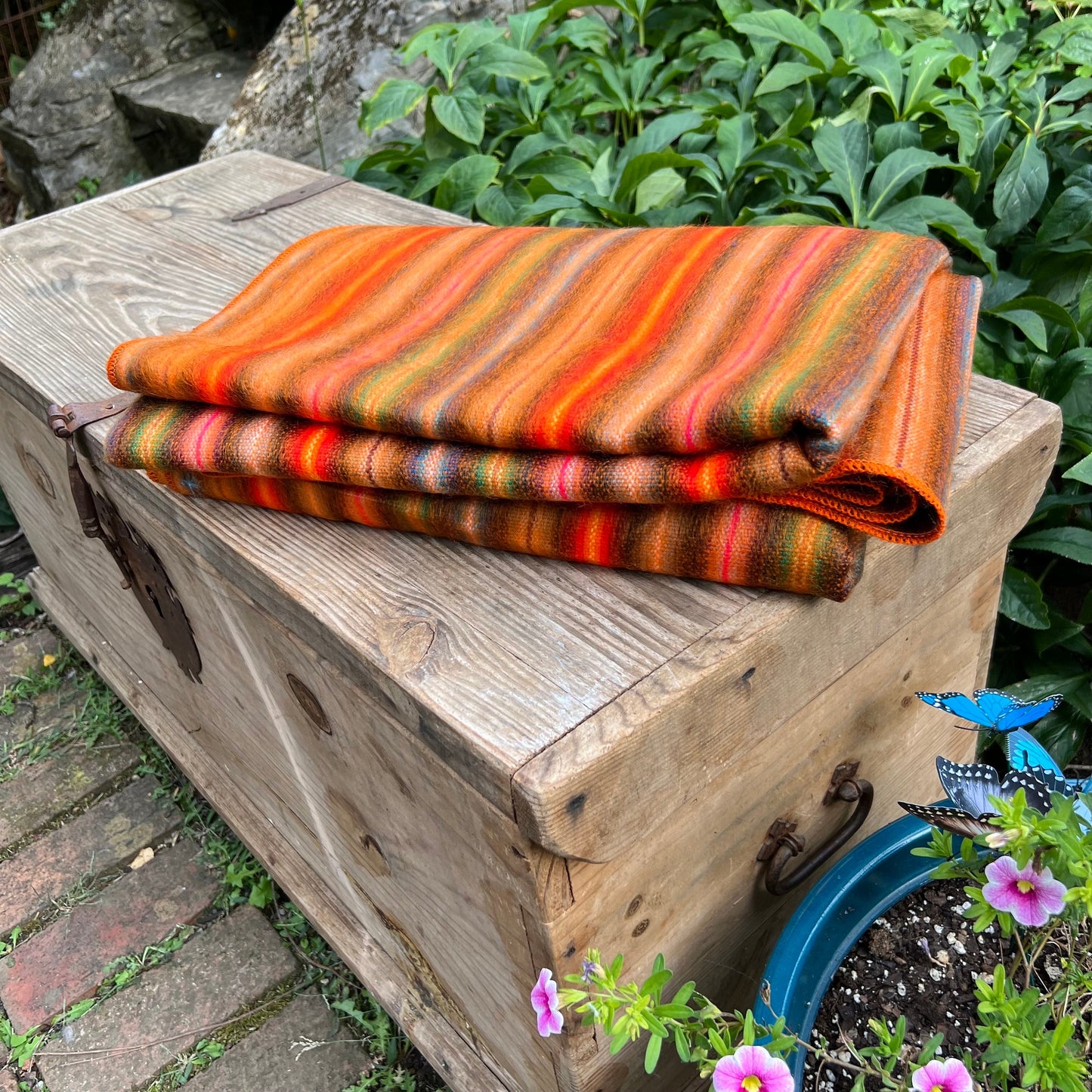 Alpaca Throw Blanket orange with multicolor stripes