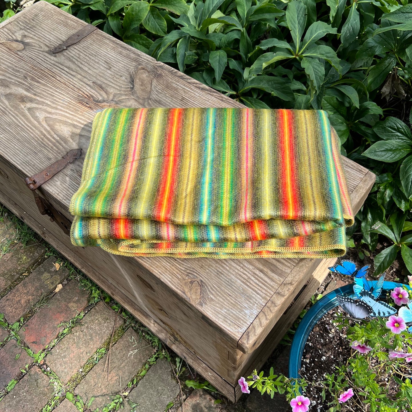 Alpaca Throw Blanket Golden Green with multicolor stripes  Shades-  Luxury Wool Blanket - Home Decor