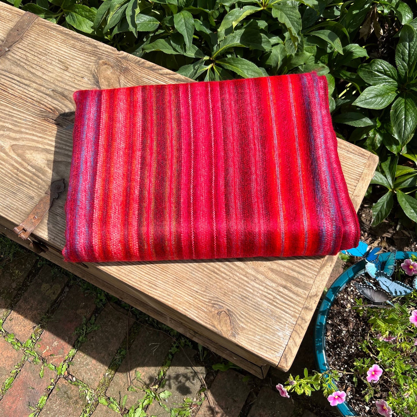 Alpaca Wool Blanket Vibrant Red with Multicolor Stripes | Reversible Throw Blanket | Ultra Soft Artisan Made in Small Batches. Queen Size.