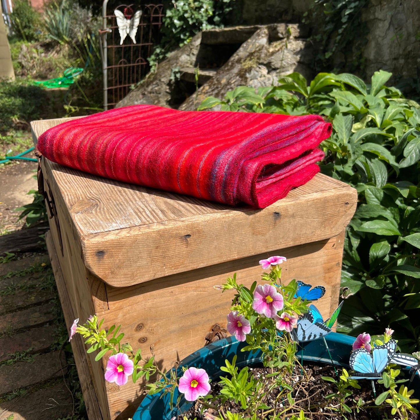 Alpaca Wool Blanket Vibrant Red with Multicolor Stripes | Reversible Throw Blanket | Ultra Soft Artisan Made in Small Batches. Queen Size.