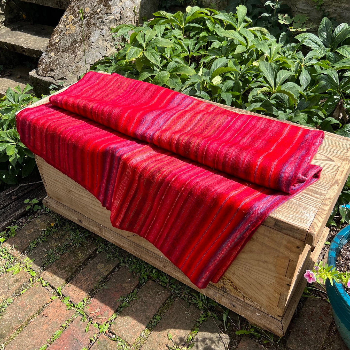 Alpaca Wool Blanket Vibrant Red with Multicolor Stripes | Reversible Throw Blanket | Ultra Soft Artisan Made in Small Batches. Queen Size.