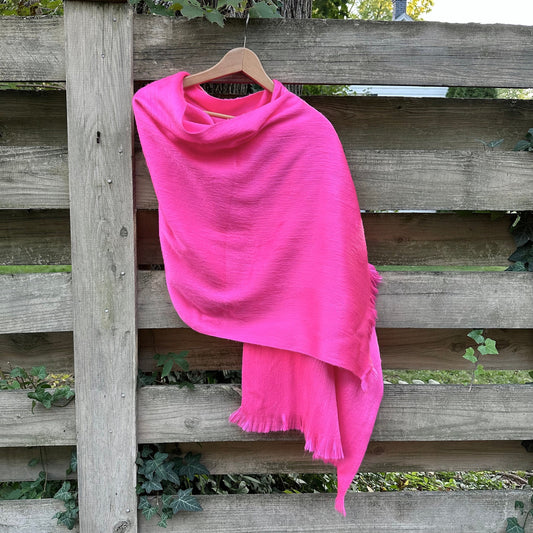 Alpaca Shawl Malibu Pink | Ultra Soft Wool Wrap Hot Pink | Small Batch Artisan Made Large Woven Scarf or Stole With Fringe | 25in x 70in