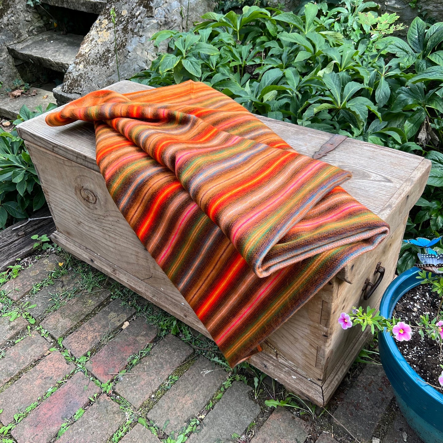 Alpaca Throw Blanket orange with multicolor stripes