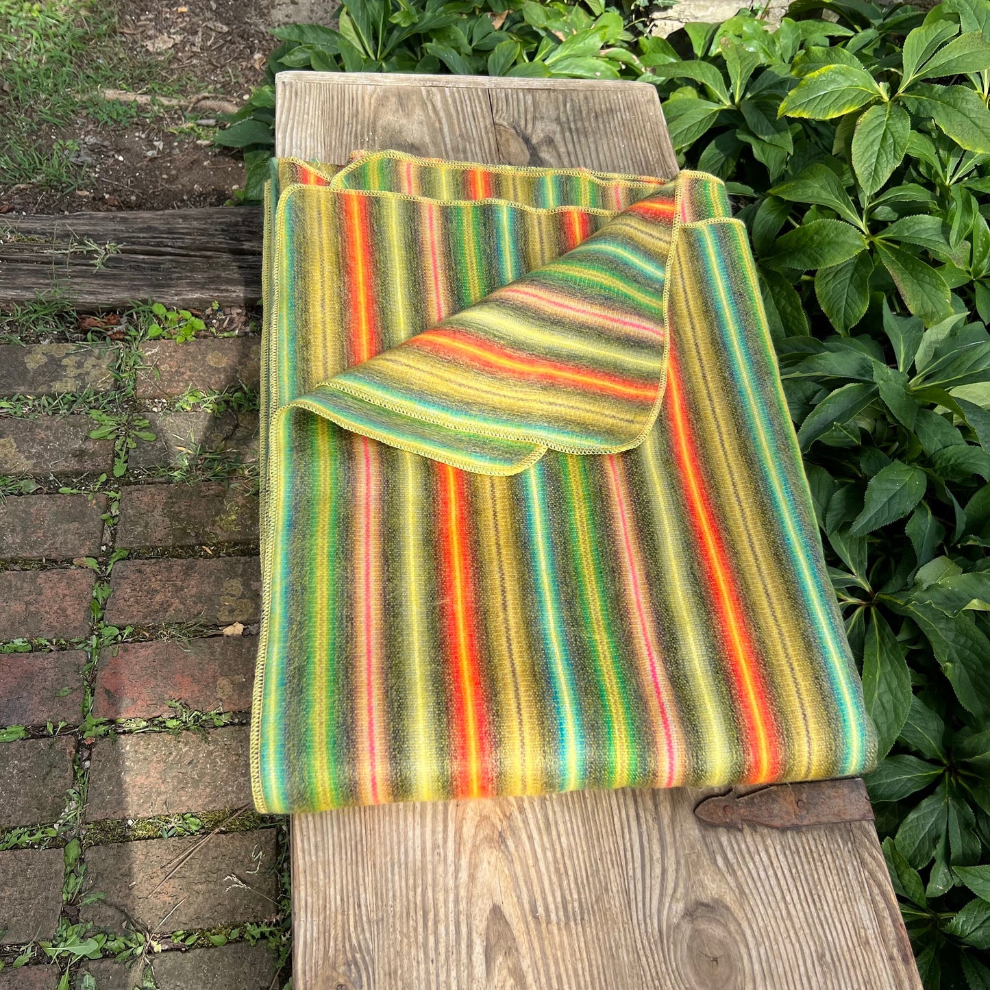 Alpaca Throw Blanket Golden Green with multicolor stripes  Shades-  Luxury Wool Blanket - Home Decor