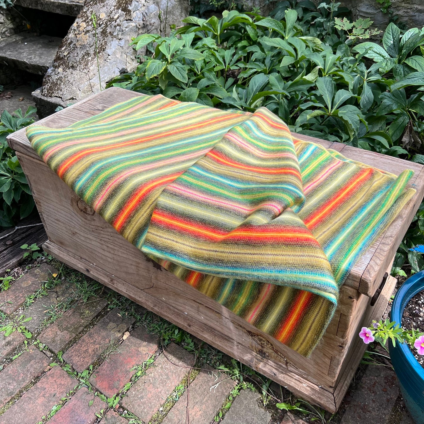 Alpaca Throw Blanket Golden Green with multicolor stripes  Shades-  Luxury Wool Blanket - Home Decor