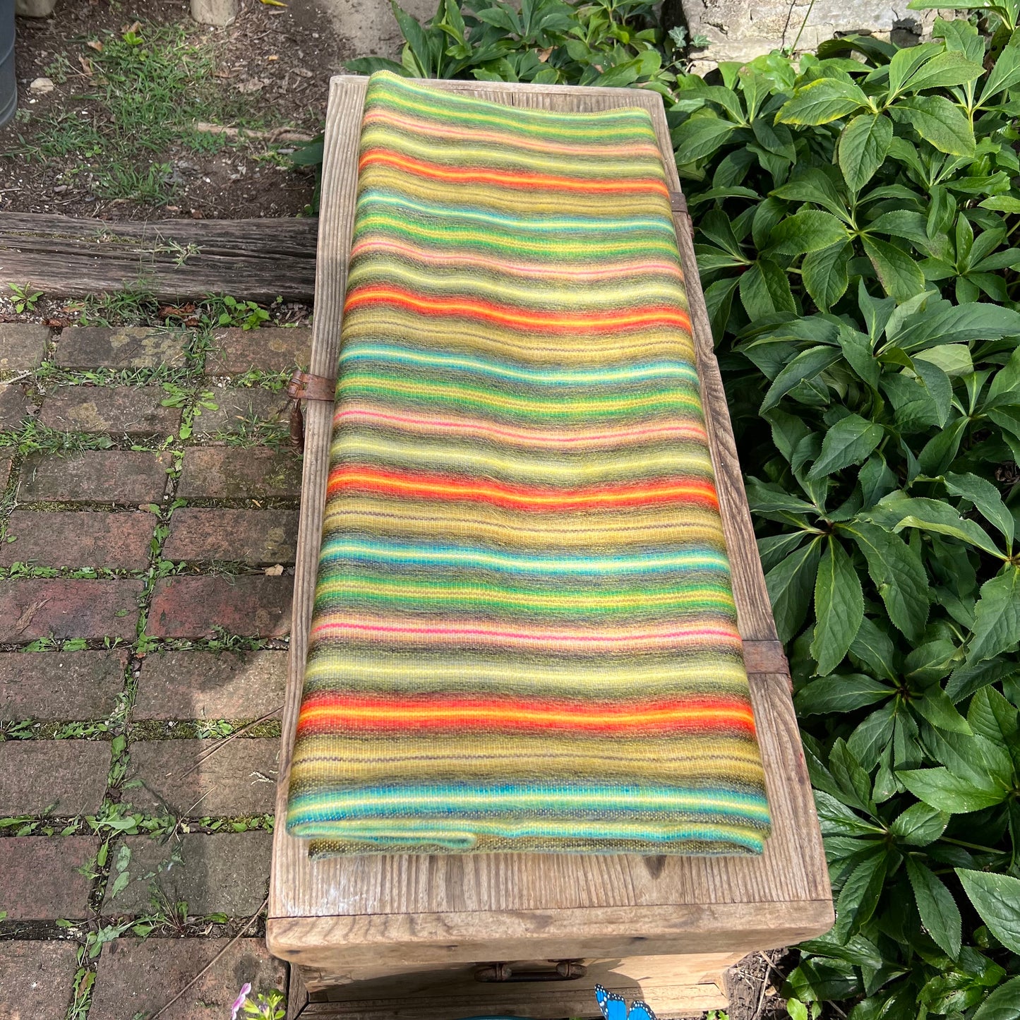 Alpaca Throw Blanket Golden Green with multicolor stripes  Shades-  Luxury Wool Blanket - Home Decor