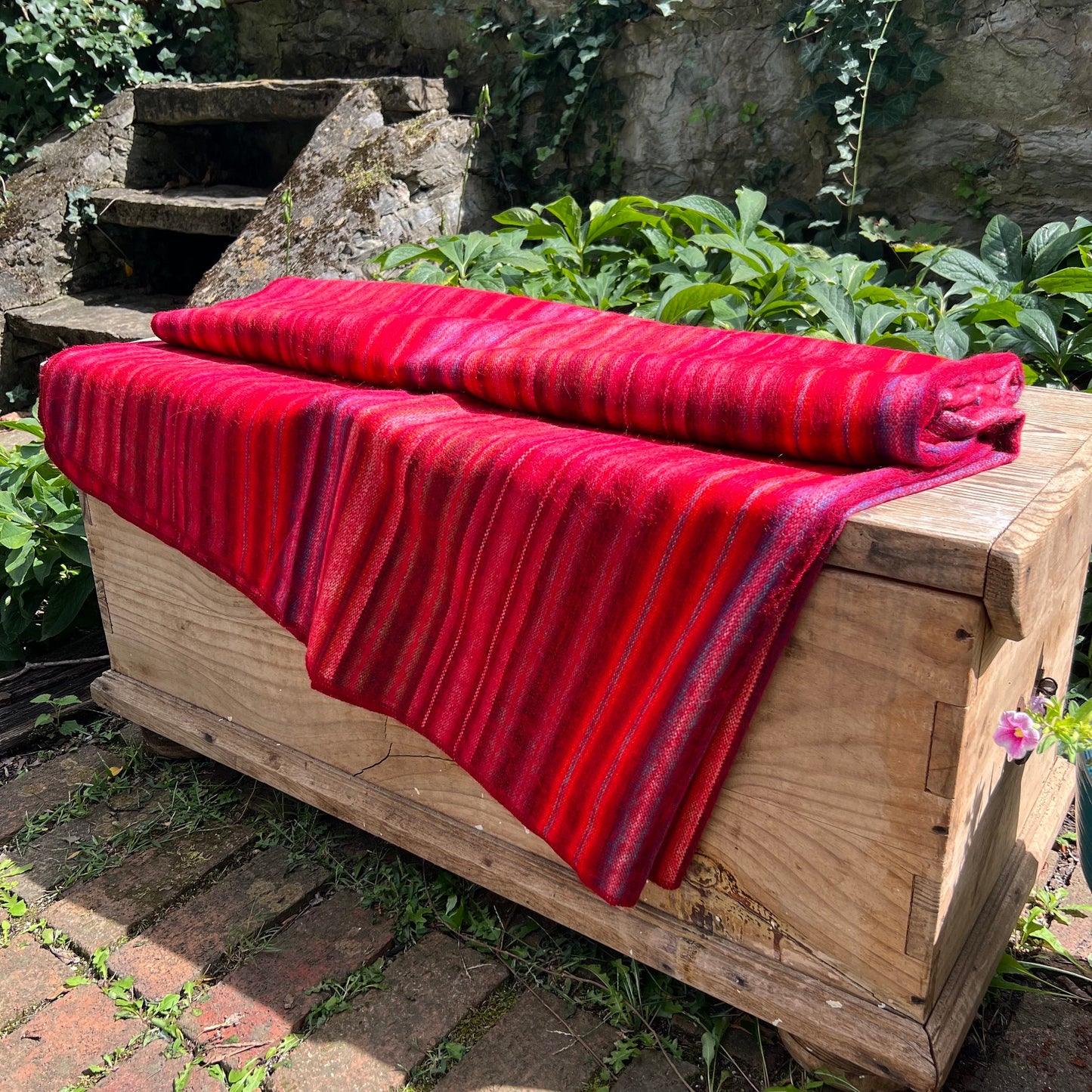 Alpaca Wool Blanket Vibrant Red with Multicolor Stripes | Reversible Throw Blanket | Ultra Soft Artisan Made in Small Batches. Queen Size.