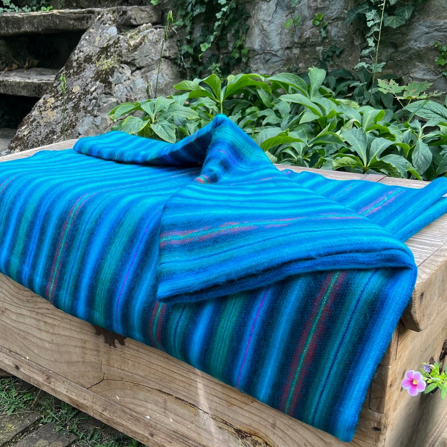 Alpaca Throw Blanket Blue Turquoise with multicolor stripes