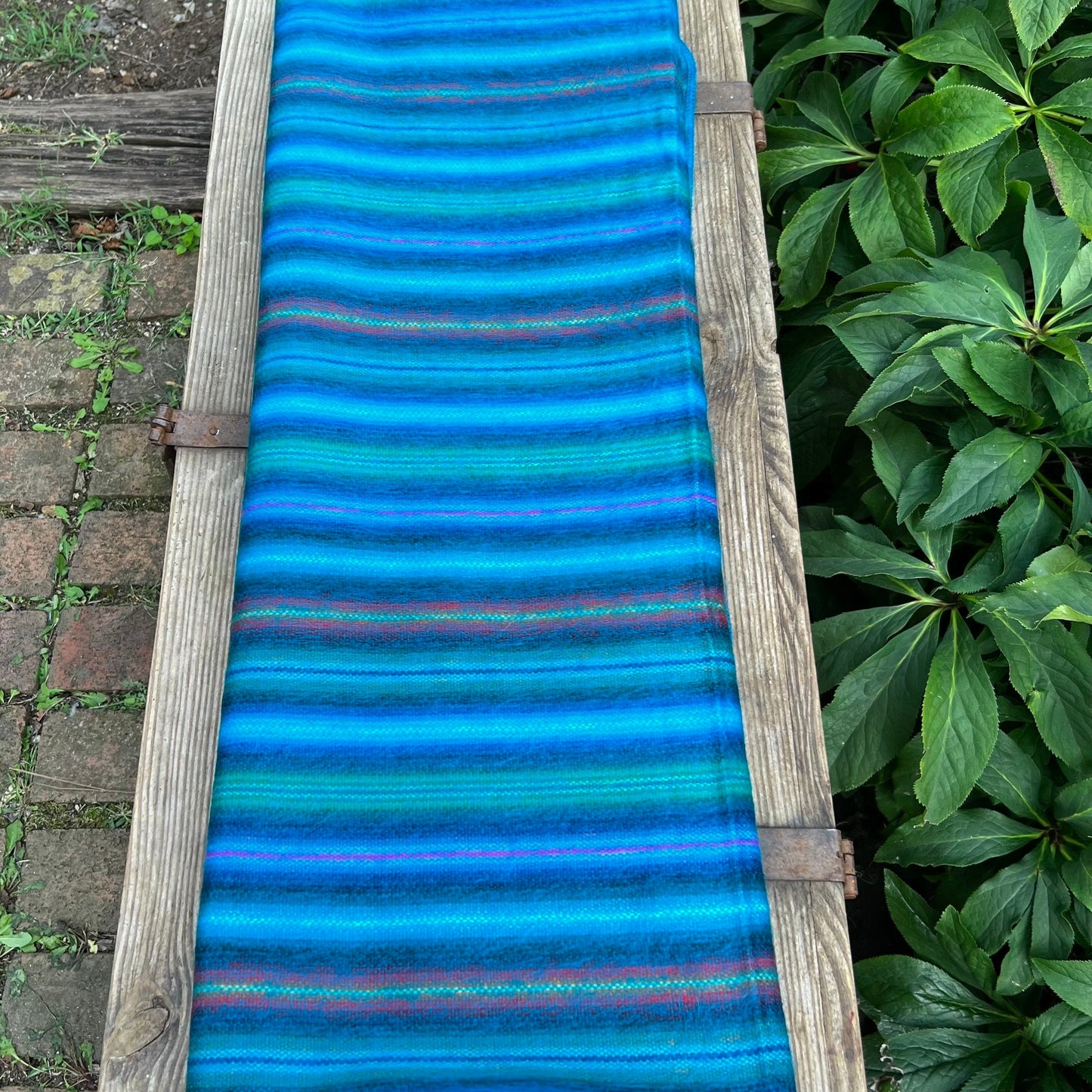 Alpaca Throw Blanket Blue Turquoise with multicolor stripes