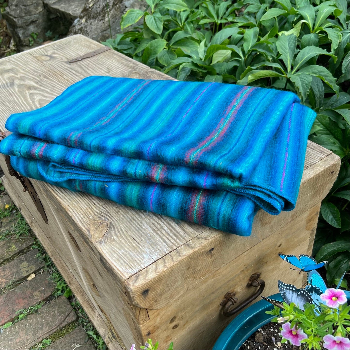 Alpaca Throw Blanket Blue Turquoise with multicolor stripes