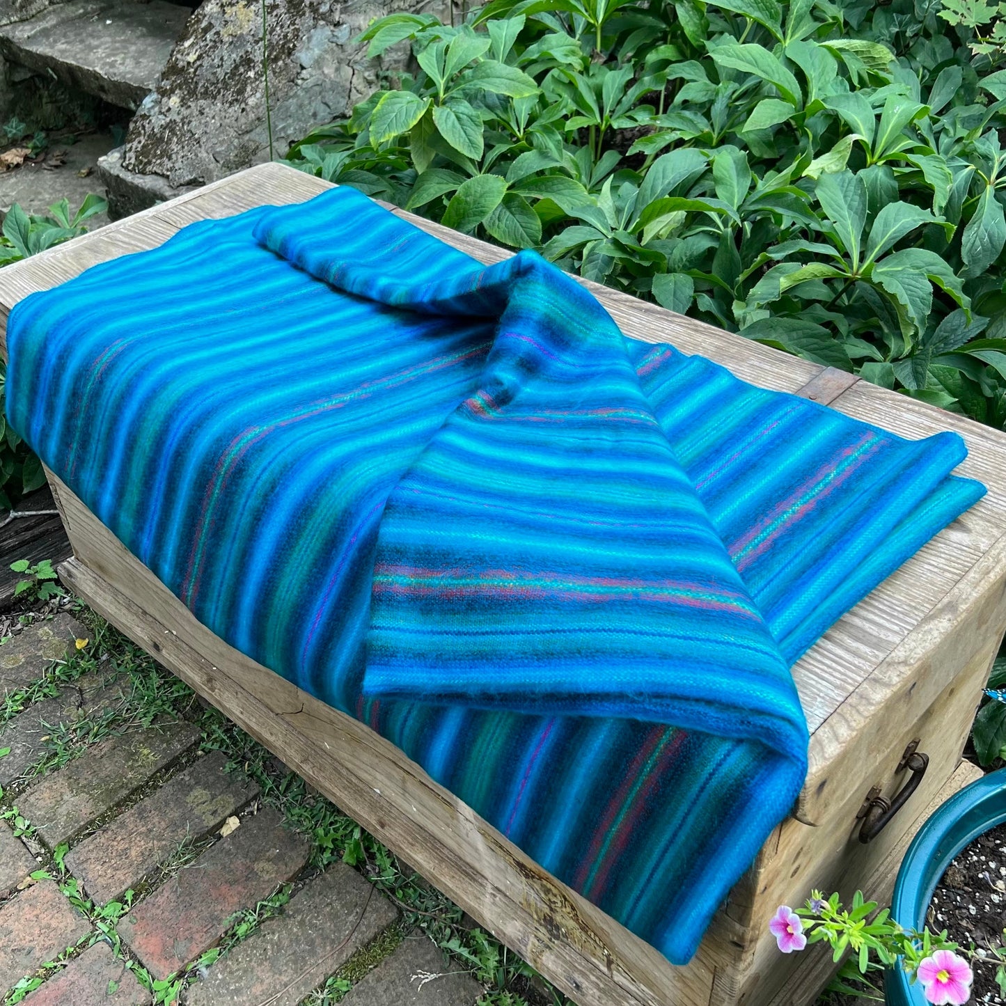 Alpaca Throw Blanket Blue Turquoise with multicolor stripes