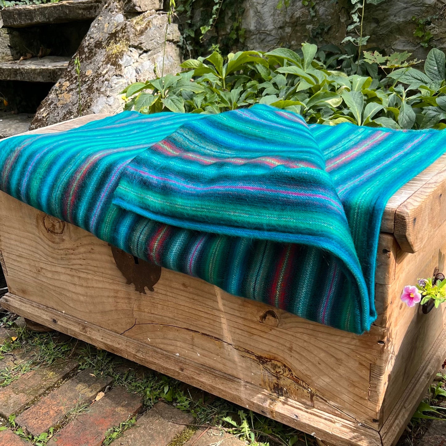 Alpaca Throw Blanket Green Turquoise with multicolor stripes