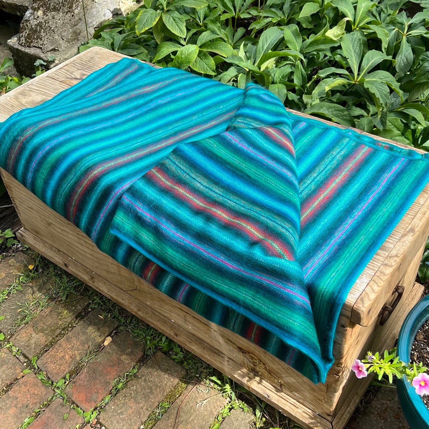 Alpaca Throw Blanket Green Turquoise with multicolor stripes