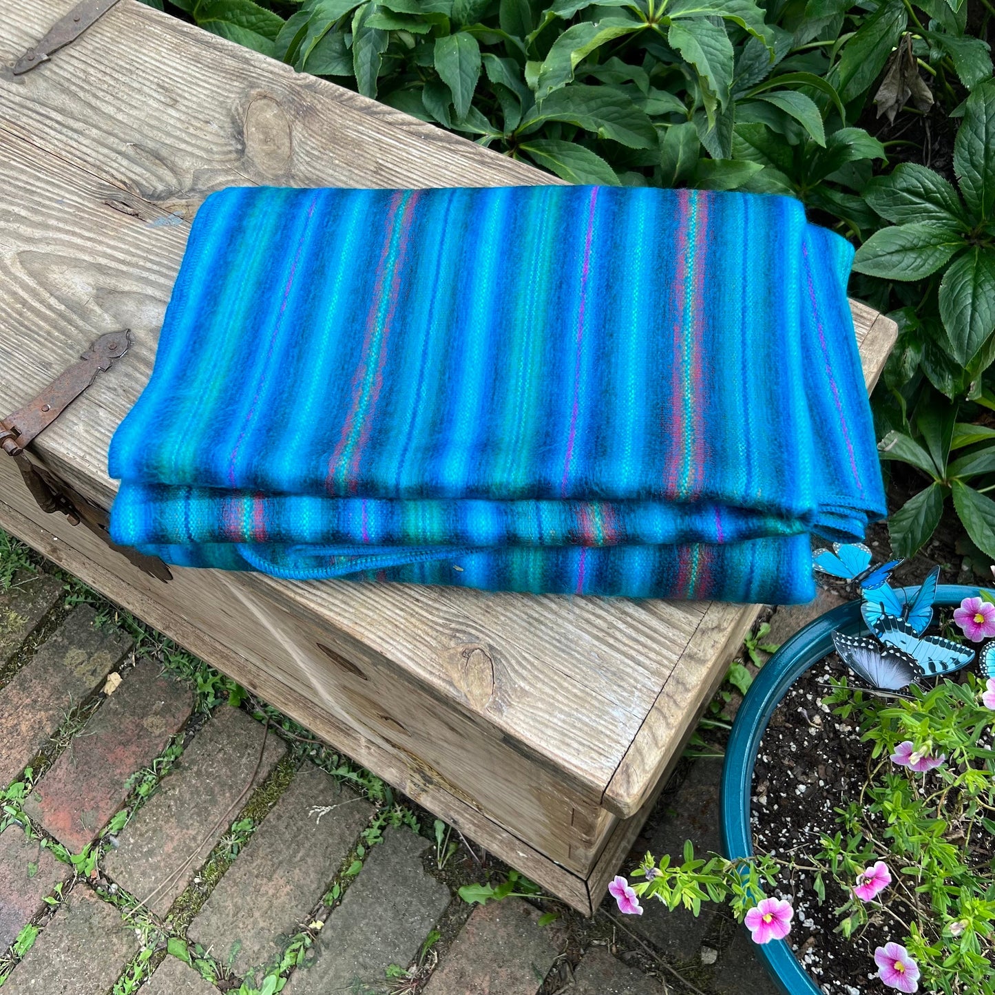 Alpaca Throw Blanket Blue Turquoise with multicolor stripes