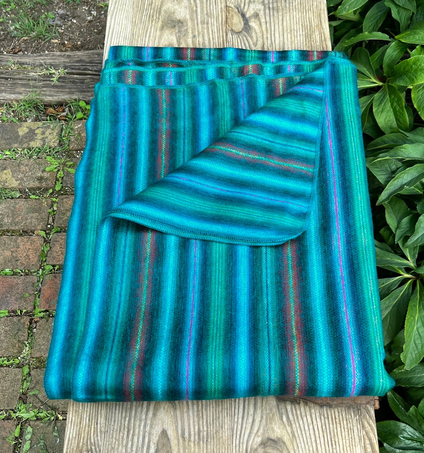 Alpaca Throw Blanket Green Turquoise with multicolor stripes