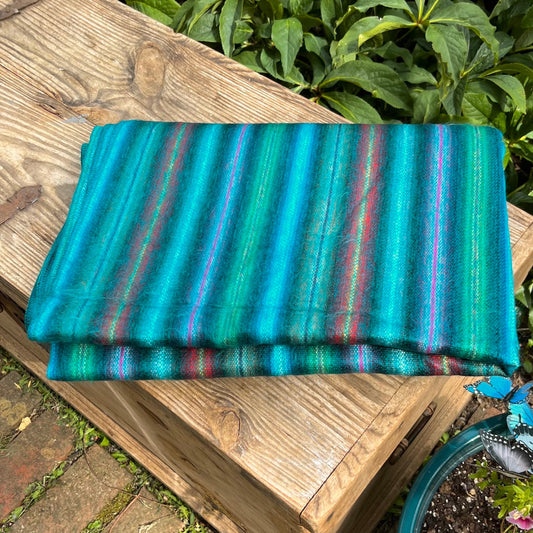 Alpaca Throw Blanket Green Turquoise with multicolor stripes