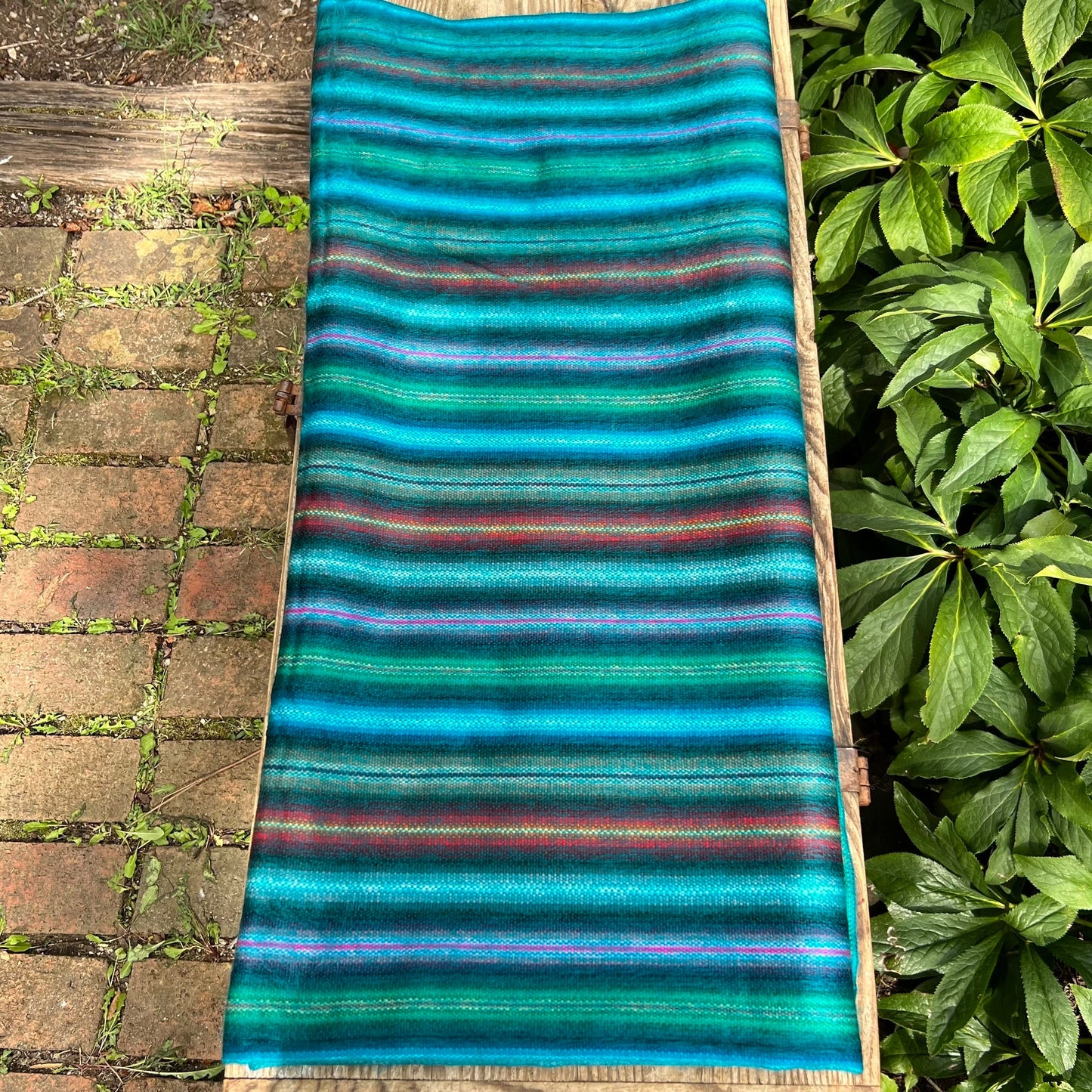 Alpaca Throw Blanket Green Turquoise with multicolor stripes