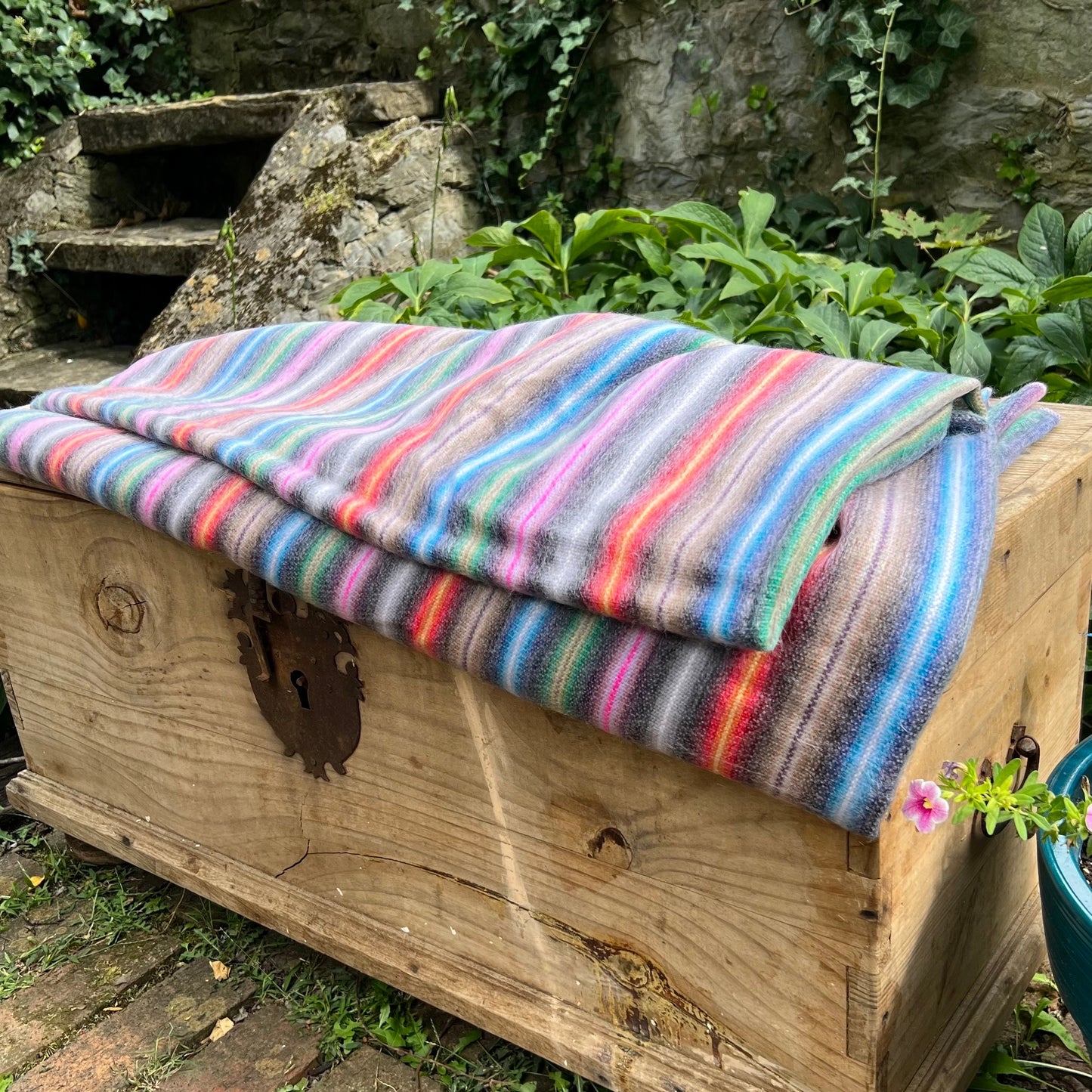 Alpaca Throw Blanket Rose with multicolor stripes