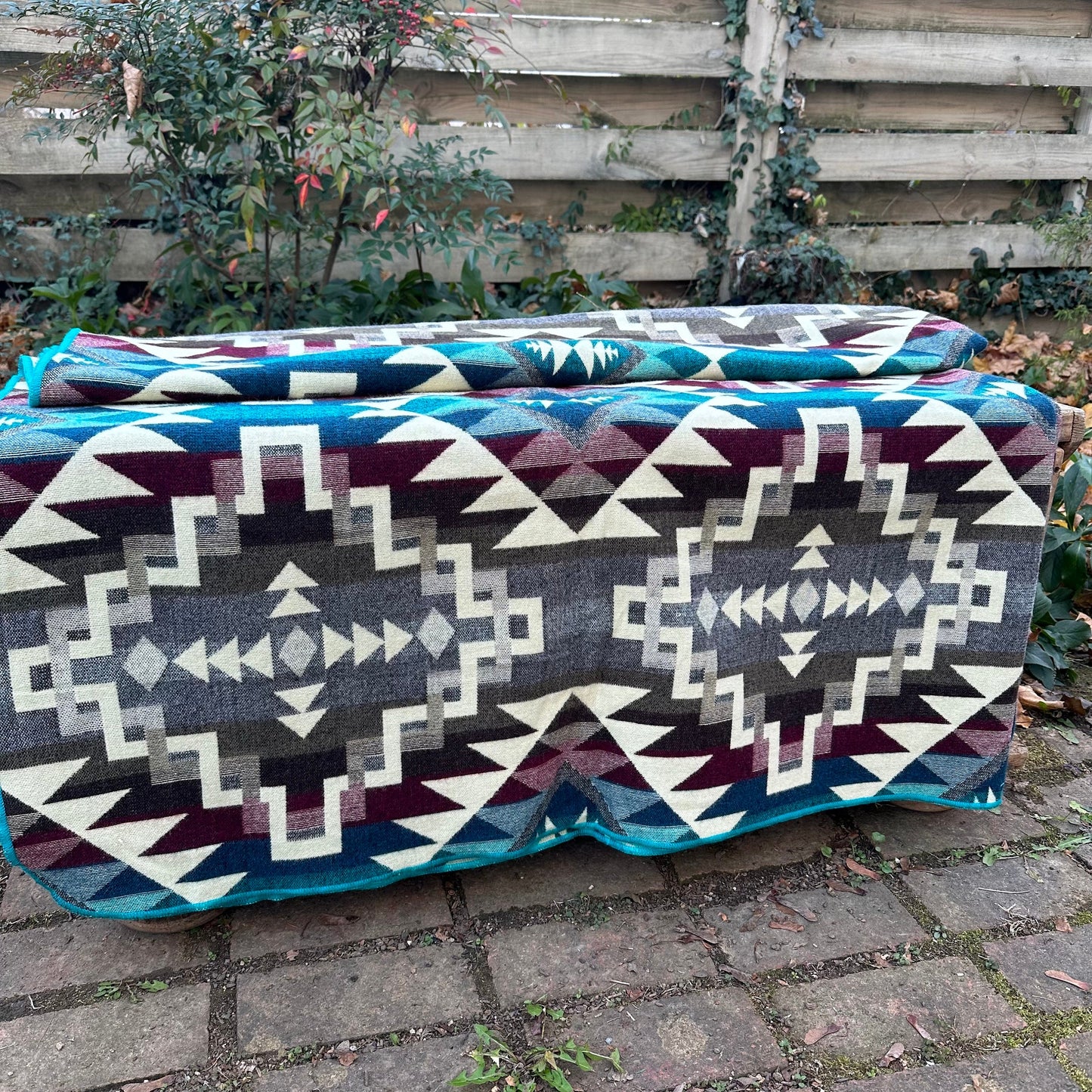 Alpaca Wool Blanket Queen size - multicolor Unique gift - Geometric pattern with blue  and earth colors