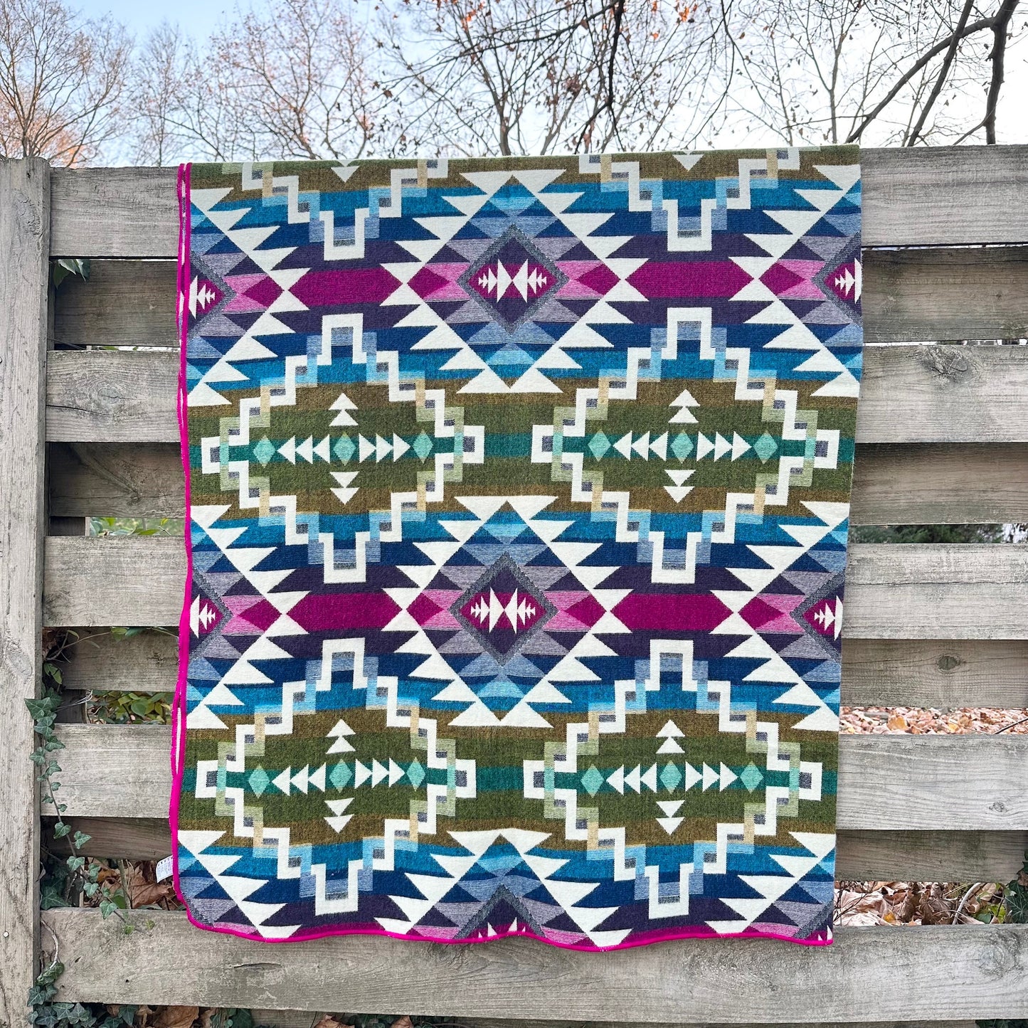 Alpaca Wool Blanket Queen size - multicolor Unique gift - Geometric pattern with pink  and bright colors