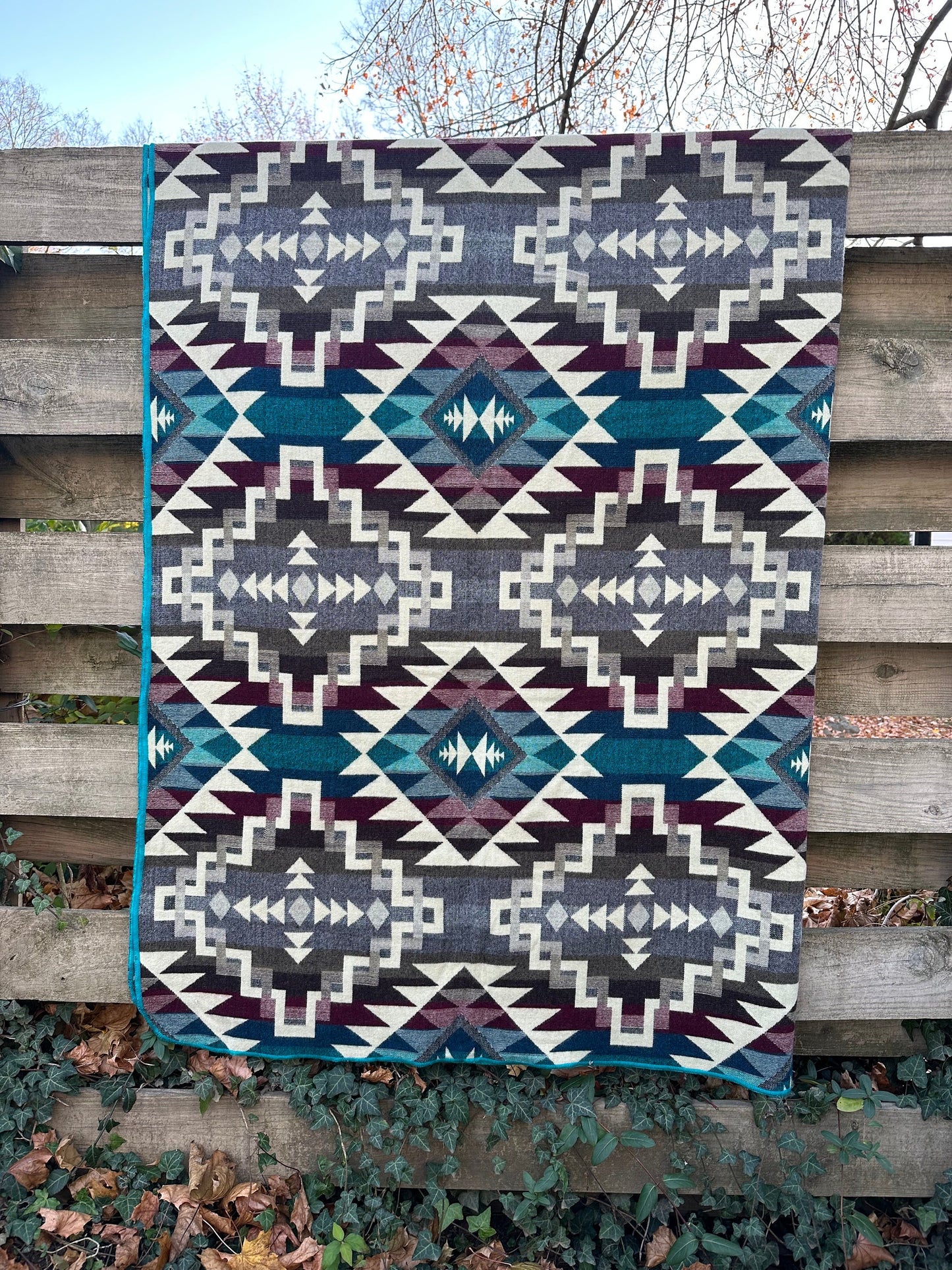 Alpaca Wool Blanket Queen size - multicolor Unique gift - Geometric pattern with blue  and earth colors