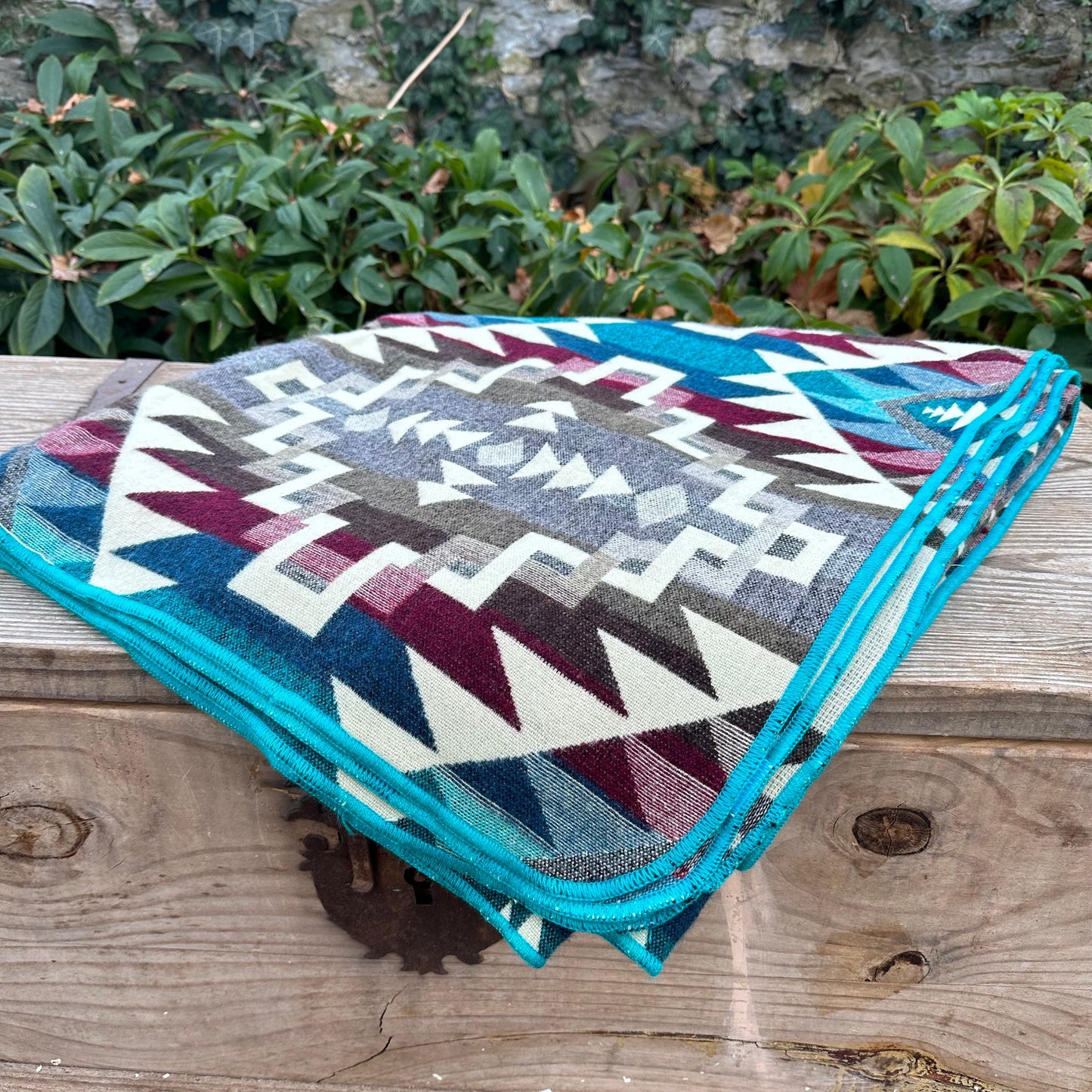 Alpaca Wool Blanket Queen size - multicolor Unique gift - Geometric pattern with blue  and earth colors