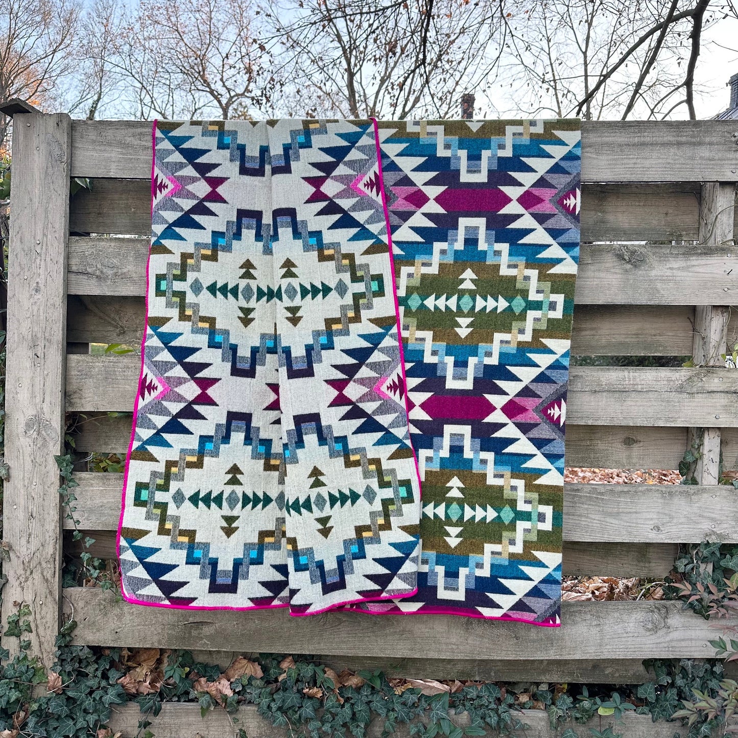 Alpaca Wool Blanket Queen size - multicolor Unique gift - Geometric pattern with pink  and bright colors