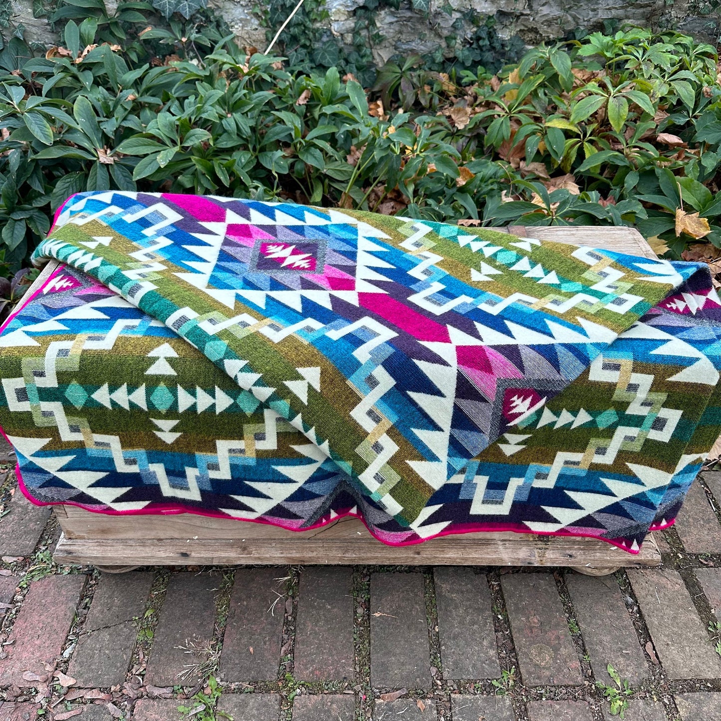 Alpaca Wool Blanket Queen size - multicolor Unique gift - Geometric pattern with pink  and bright colors