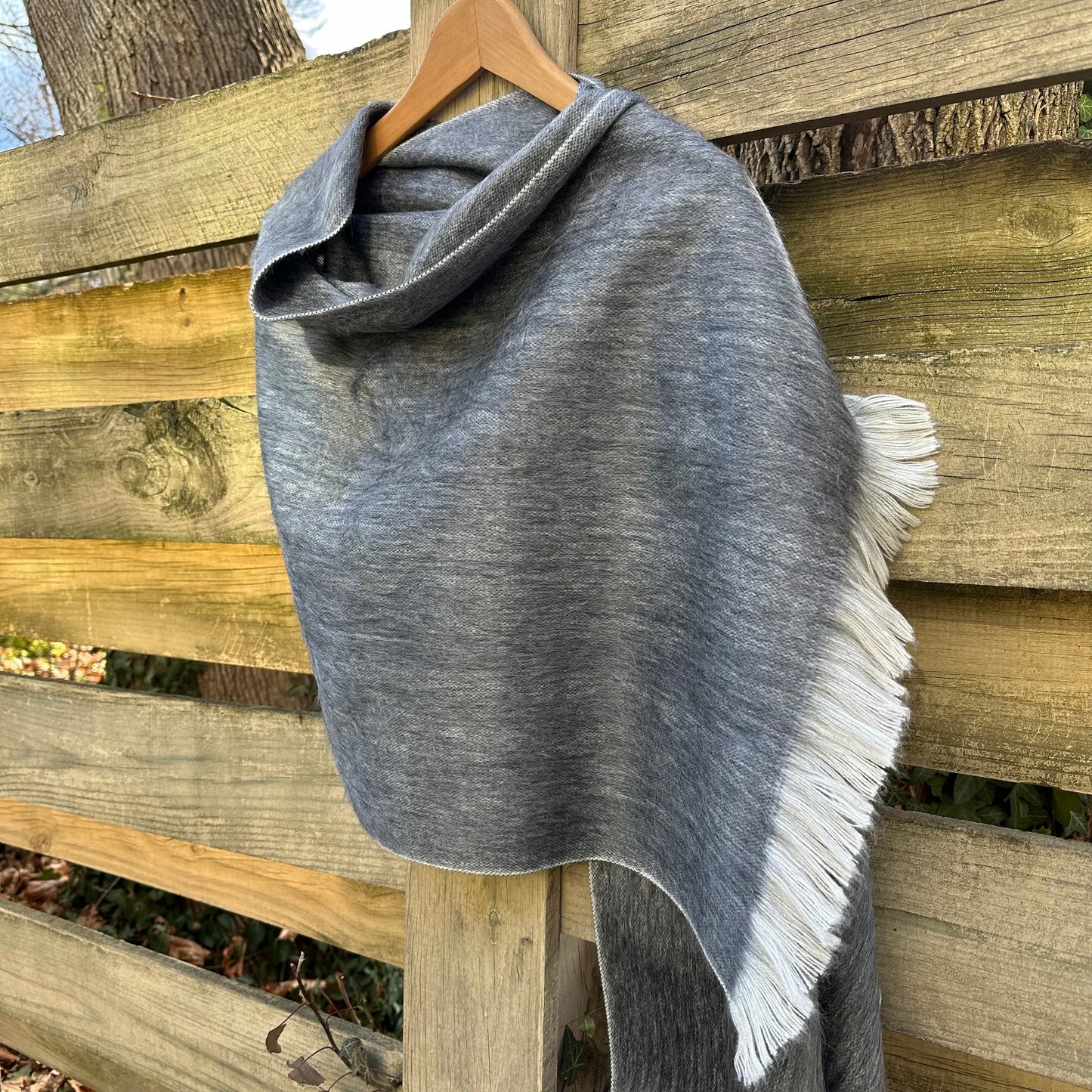 Alpaca Wool Shawl Wolf Grey | Ultra Soft Wrap | Small Batch Artisan Made Large Woven Scarf or Stole With Off-White Fringe |  25in x 70in