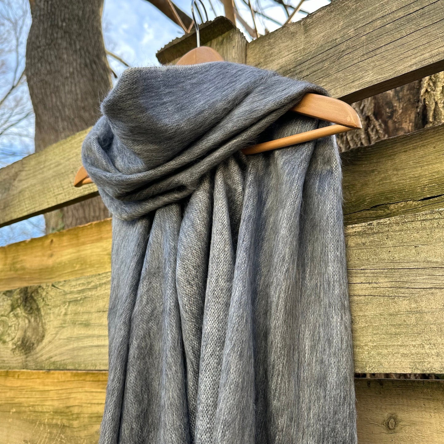 Alpaca Wool Shawl Wolf Grey | Ultra Soft Wrap | Small Batch Artisan Made Large Woven Scarf or Stole With Off-White Fringe |  25in x 70in