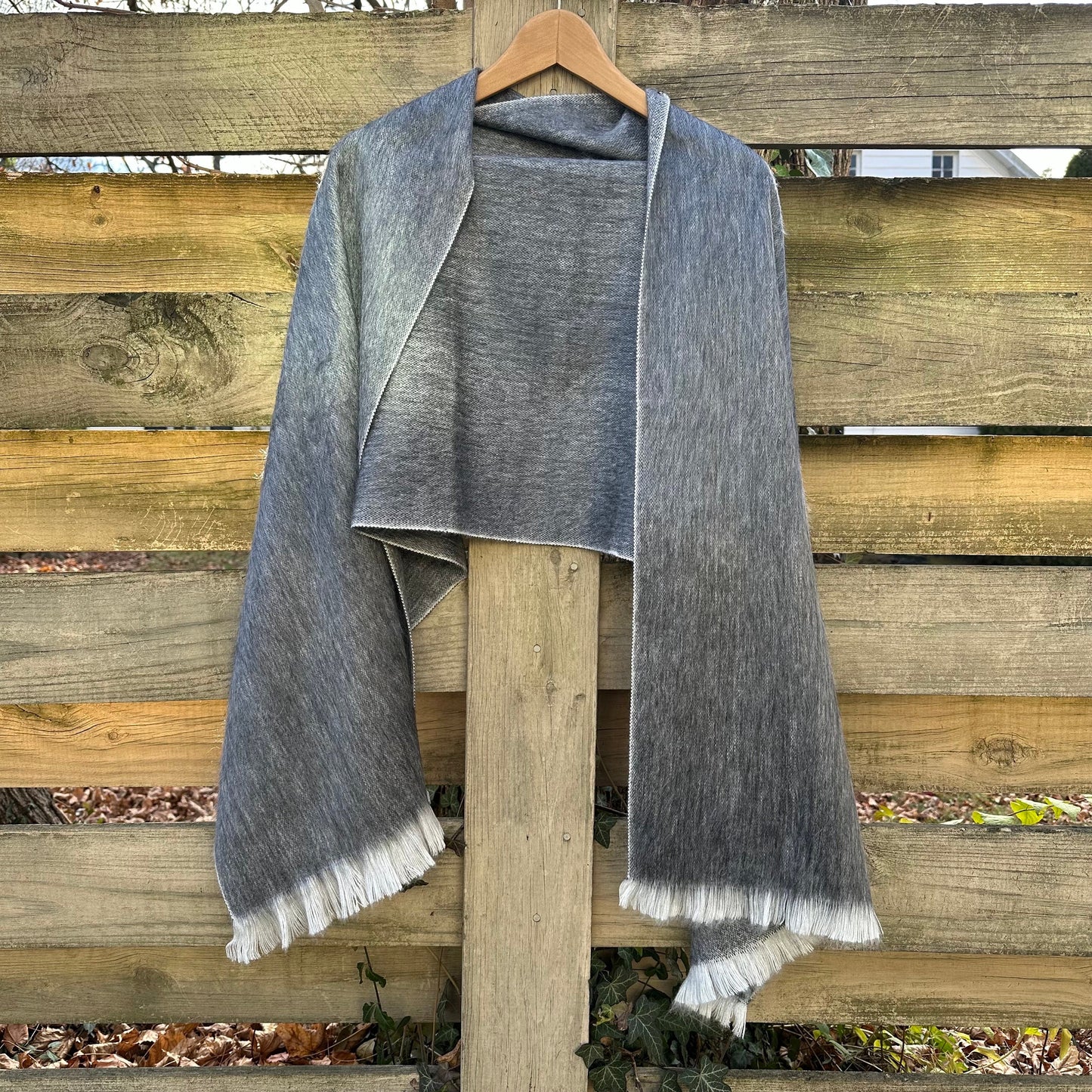 Alpaca Wool Shawl Wolf Grey | Ultra Soft Wrap | Small Batch Artisan Made Large Woven Scarf or Stole With Off-White Fringe |  25in x 70in