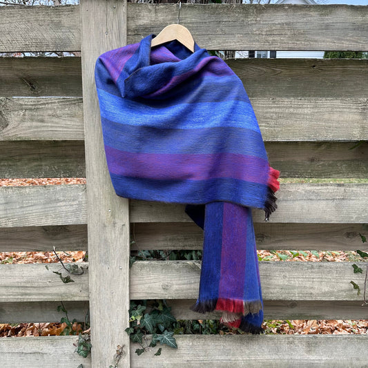 Alpaca Shawl Multicolor Royal Blue  on brown coral and khaki