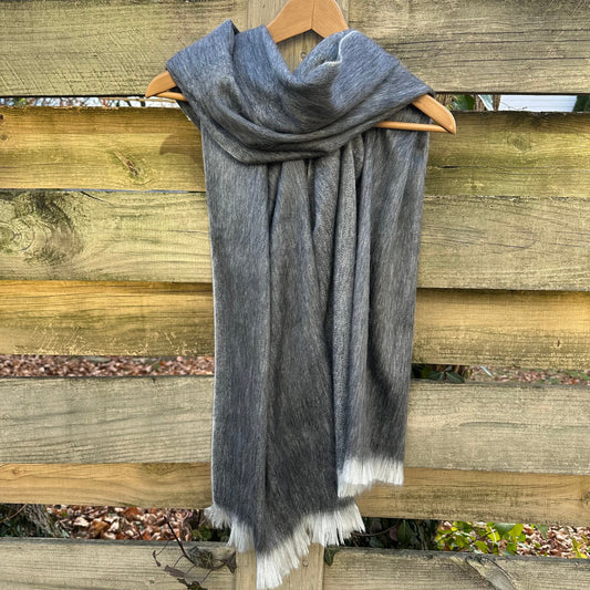 Alpaca Wool Shawl Wolf Grey | Ultra Soft Wrap | Small Batch Artisan Made Large Woven Scarf or Stole With Off-White Fringe |  25in x 70in