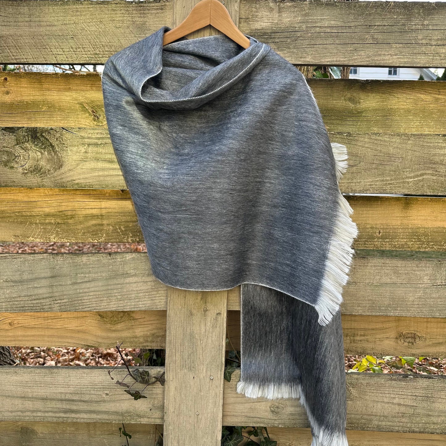 Alpaca Wool Shawl Wolf Grey | Ultra Soft Wrap | Small Batch Artisan Made Large Woven Scarf or Stole With Off-White Fringe |  25in x 70in