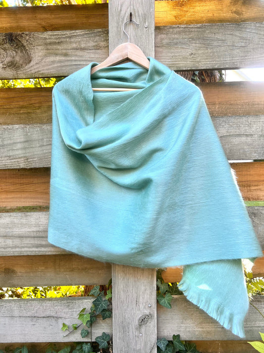 Alpaca Shawl Silver Sage | Ultra Soft Wool Wrap | Small Batch Artisan Made Large Woven Scarf or Stole With Fringe | 25in x 70in