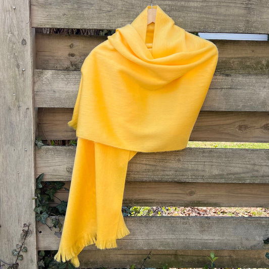 Alpaca Shawl Marigold Yellow | Honey Mango Ultra Soft Wrap | Small Batch Artisan Made Large Woven Scarf or Stole With Fringe | 25in x 70in