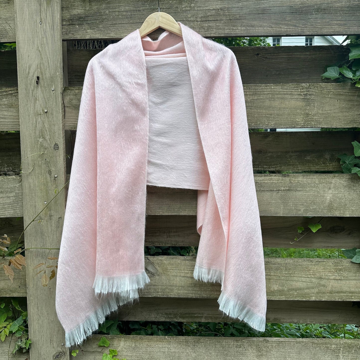 Alpaca Shawl Seashell Pink with Soft White Fringe