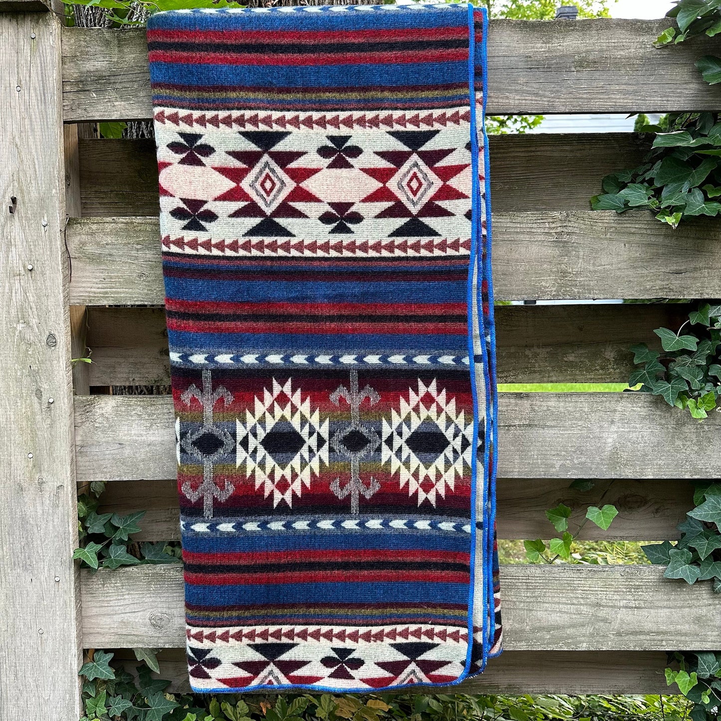 Alpaca Wool Blanket  geometrics Queen size - multicolor Unique gift - Shades of blue with black red and beiges