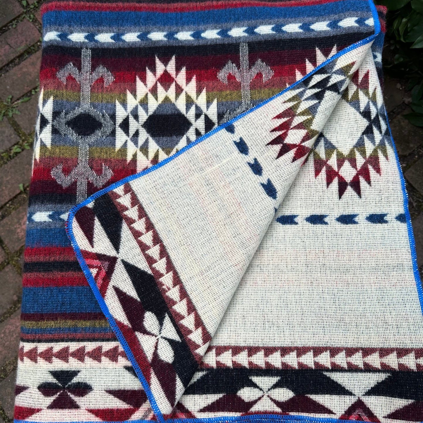 Alpaca Wool Blanket  geometrics Queen size - multicolor Unique gift - Shades of blue with black red and beiges