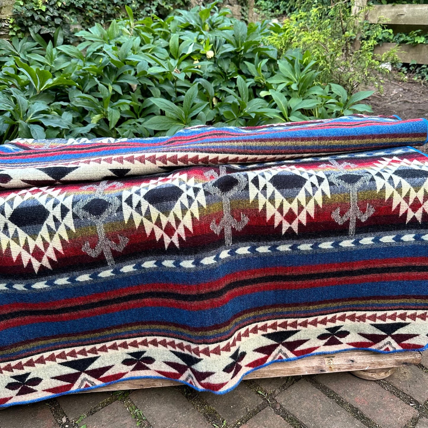 Alpaca Wool Blanket  geometrics Queen size - multicolor Unique gift - Shades of blue with black red and beiges