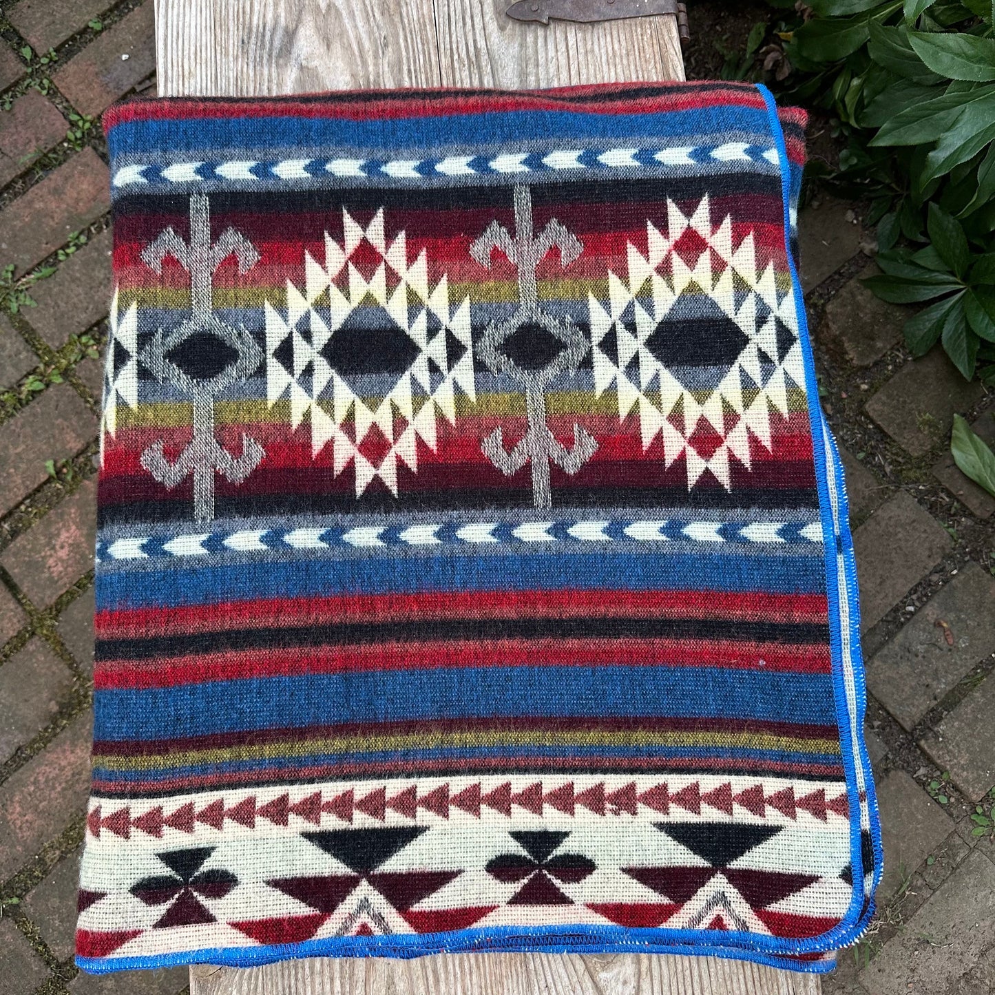 Alpaca Wool Blanket  geometrics Queen size - multicolor Unique gift - Shades of blue with black red and beiges