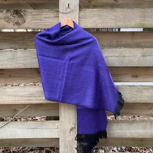 Alpaca Shawl Blue Purple with black trim.